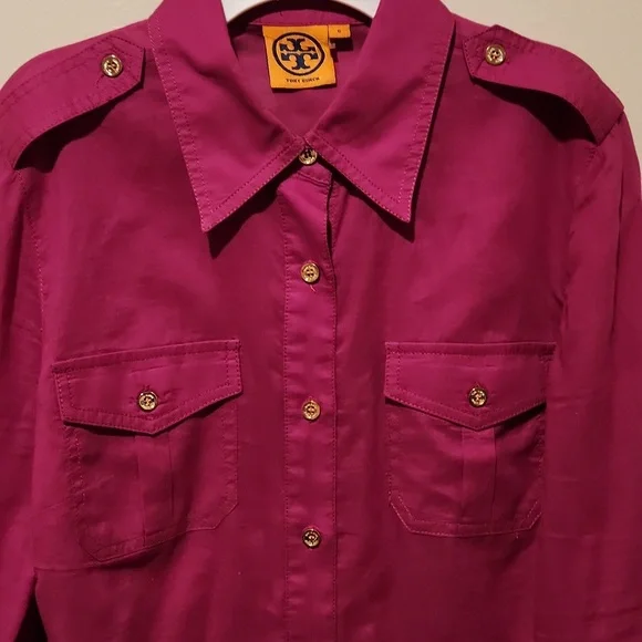 ❤️ TORY BURCH BRIGETTE FITTED BUTTON DOWN COTTON SHIRT / TOP IN MAGENTA, 6 - Picture 4 of 13